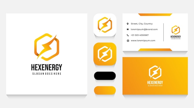 Power energy and hexagon logo template and business card