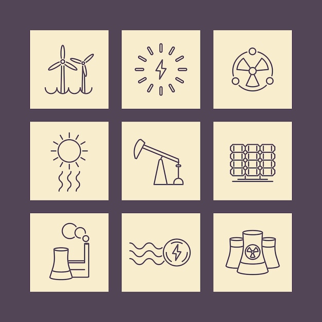 Power, energy production, electric industry, line square icons