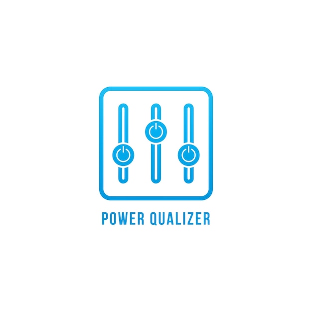 Шаблон дизайна логотипа Power Equalizer Синяя кнопка питания и концепция логотипа эквалайзера Опишите контроллер мощности или энергии Изолированный на белом фоне