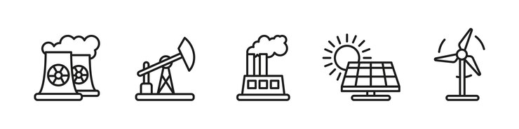 Power generation icon set Energy production and electricity Renewable and fossil fuel industry