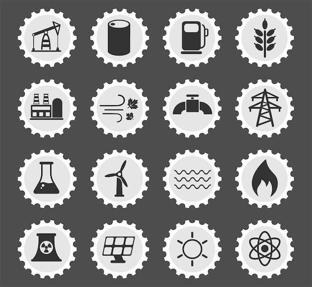 Power generation symbols on a round postage stamp stylized icons