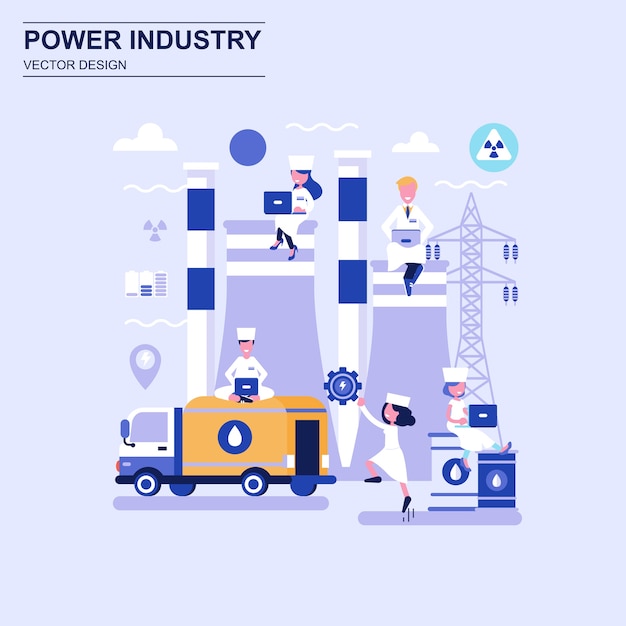 Power industry flat design concept blue style with decorated small people character.