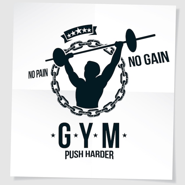 Vector power lifting competition poster created with vector illustration of muscular bodybuilder holding barbell sport equipment and surrounded by iron chain. no pain, no gain quote.