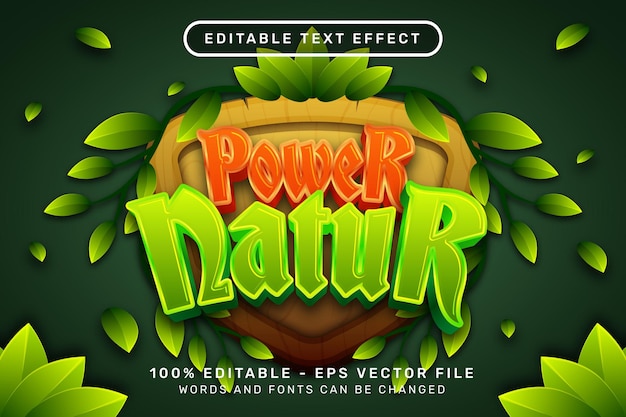 Power nature 3d teksteffect en bewerkbaar teksteffect met schild en bladillustratie