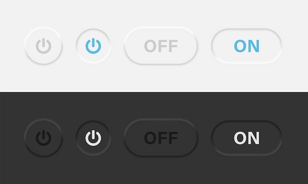 Power on and off buttons in neumorphic vector design. Neumorphism style power icons in light and dark theme. Vector illustration EPS 10