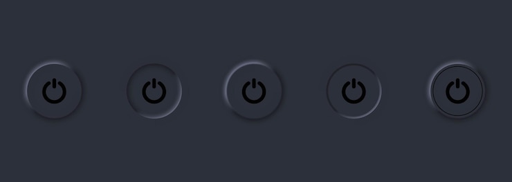 Vector power on off user interface icon set. power icon. on off buttons. user interface elements for mobile app. dark theme. neumorphism style. vector eps10. isolated on background.