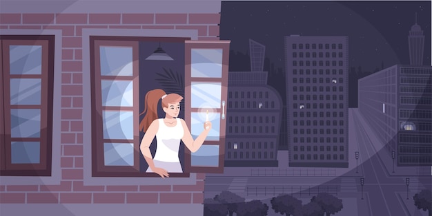 Vector power outage city composition girl looks out the window in the evening with a candle and the city has lost power illustration