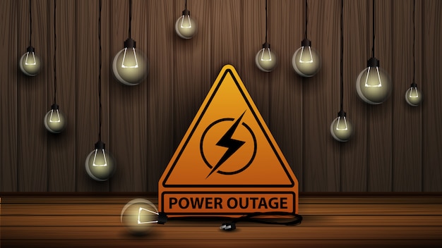 Vector power outage, yellow warning logo on the background of wooden wall and dull light bulbs