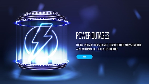 Синий плакат Power Outages с неоновым предупреждающим логотипом на цифровом 3D-подиуме цилиндрической формы