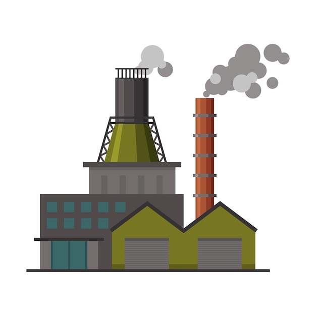 Power plant building industrial factory with polluting smoke flat vector illustration