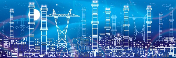 Vector power plant, energy industry outlines illustration panorama, urban night scene. neon glow