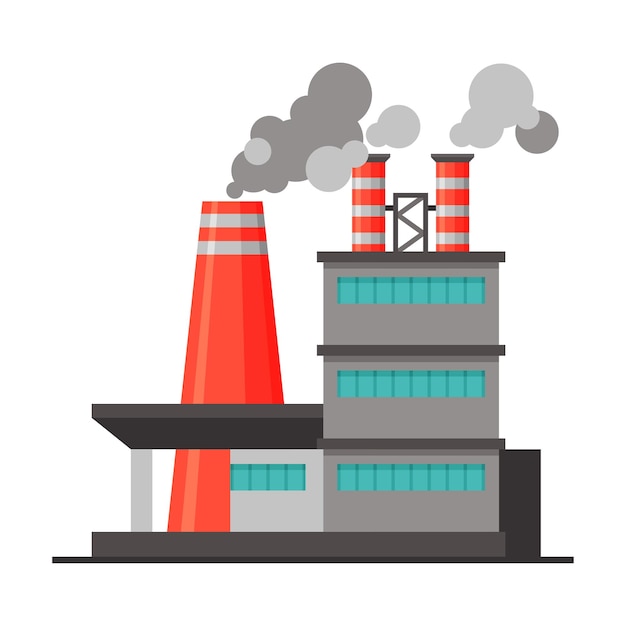 Power plant or factory industrial building with polluting smoke flat vector illustration