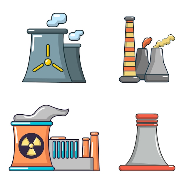 Set di icone della centrale elettrica. l'insieme del fumetto delle icone di vettore della centrale elettrica ha isolato