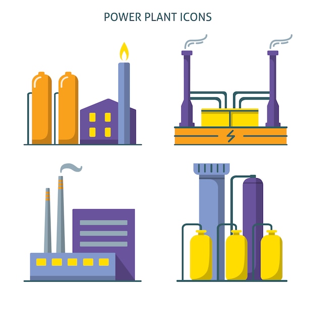 Power plant icons collection in flat style