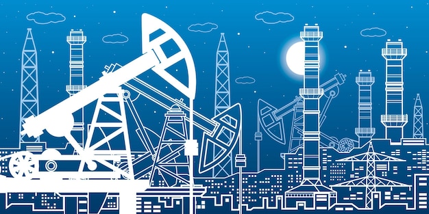 Industria petrolifera delle centrali elettriche illustrazione dei contorni scena notturna urbana tubi e alimentazione