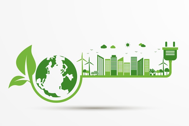 Power plug green ecology city with earth icon. energy ideas save the world concept sustainable.