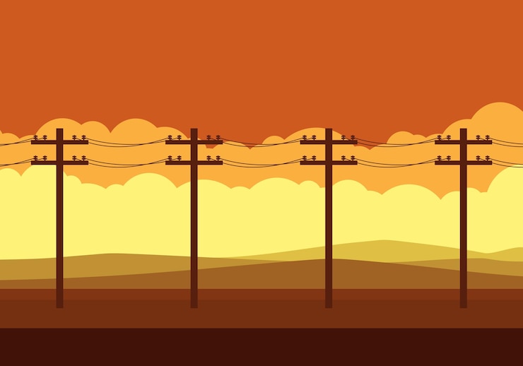 Vector power pole in front of hills with landscape mode and beautiful sunset electricity pole along the way utility pole electricity concept high voltage wires landscape desert sunset vector