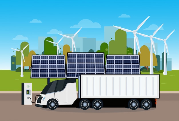 power station with trailer truck charging over wind trurbines and solar panel batteries eco friendly cargo electric vechicle concept