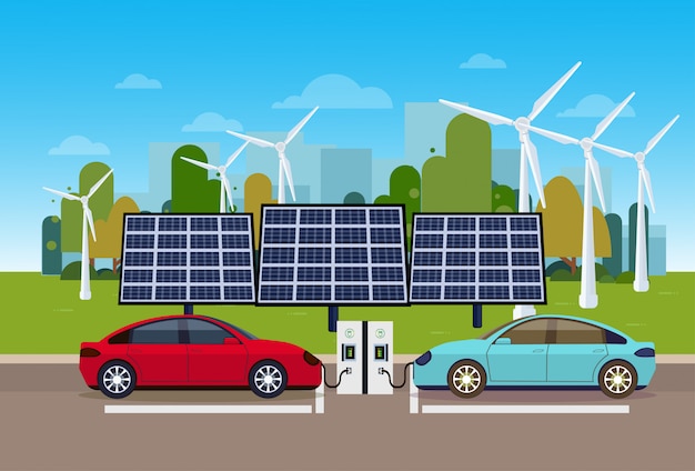 Centrale elettrica con i vechicles che caricano sopra le trecce del vento e le pile del pannello solare concetto amichevole elettrico dell'automobile di eco