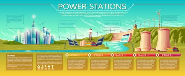 Centrali elettriche, città moderna. presentazione aziendale, banner, modello di brochure