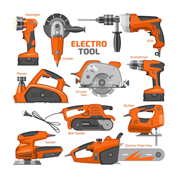 Utensili a motore elettrici attrezzature per l'edilizia smerigliatrice pialla e seghe circolari illustrazione macchinari set di cacciavite e levigatrice elettrica nella cassetta degli attrezzi su sfondo bianco