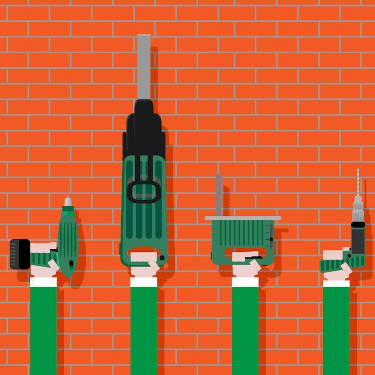 Vector power tools in hands on brick wall work construction and equipment instrument vector illustration