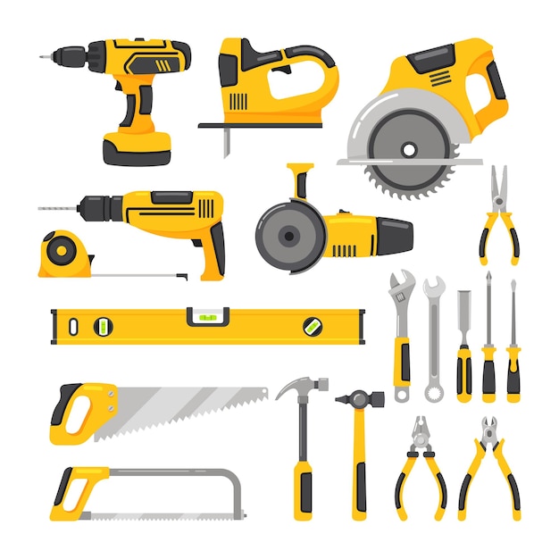 Power tools isolated on white background icons set professional electrical instruments cartoon vector illustration