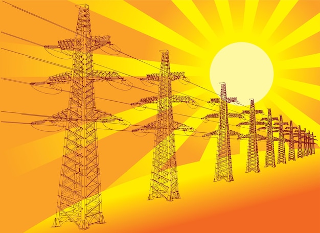 Linea di trasmissione di potenza contro il sole al tramonto, illustrazione vettoriale