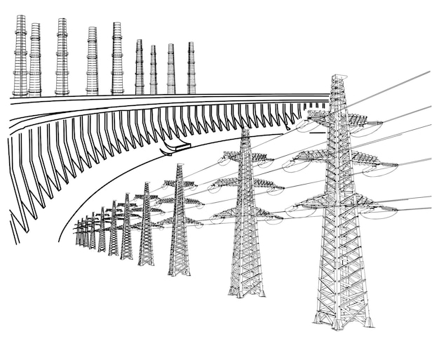 Линия электропередачи. днепровская гэс. термальная энергия. завод, электростанции и производственные здания. векторная иллюстрация