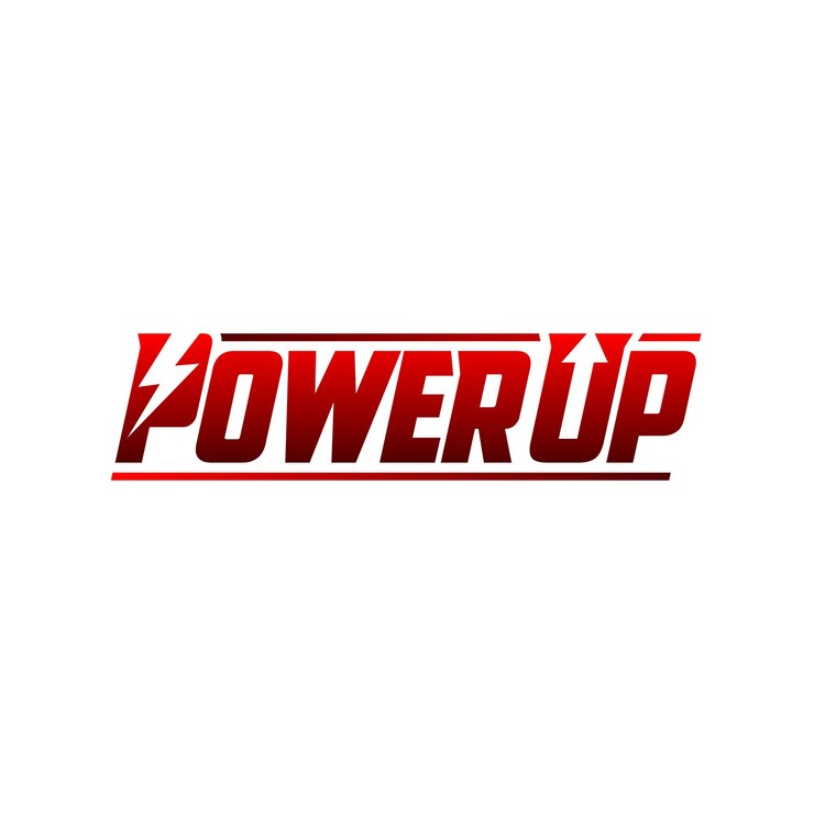 Vector power up lettering typography with letter p lightning bolt and letter u arrow for game banner logo