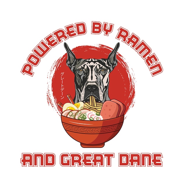 Powered by ramen e great dane cane t-shirt vettore di progettazione