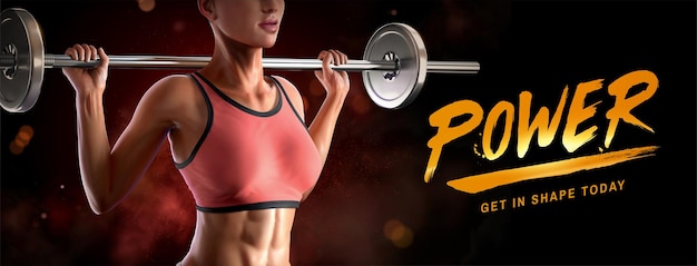 Vettore potente banner fitness con bilanciere 3d