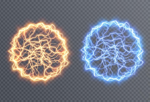 Вектор Мощные шаровые молнии золотого, желтого, синего цвета. сильный электрический неоновый заряд кольца.