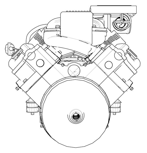 Motore per auto potente. il motore è disegnato con linee nere su sfondo bianco.