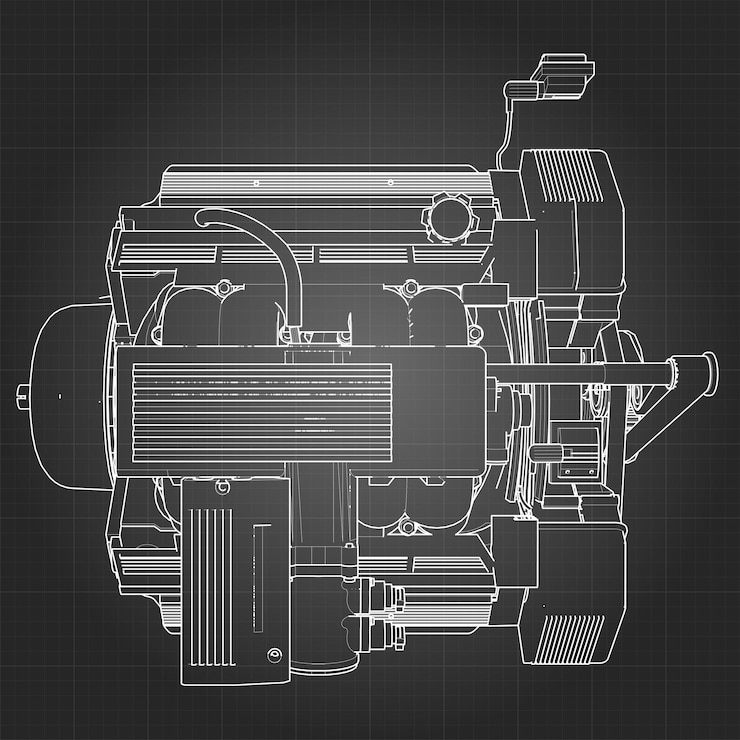 Vector powerful car engine the engine is drawn with black lines on a white sheet