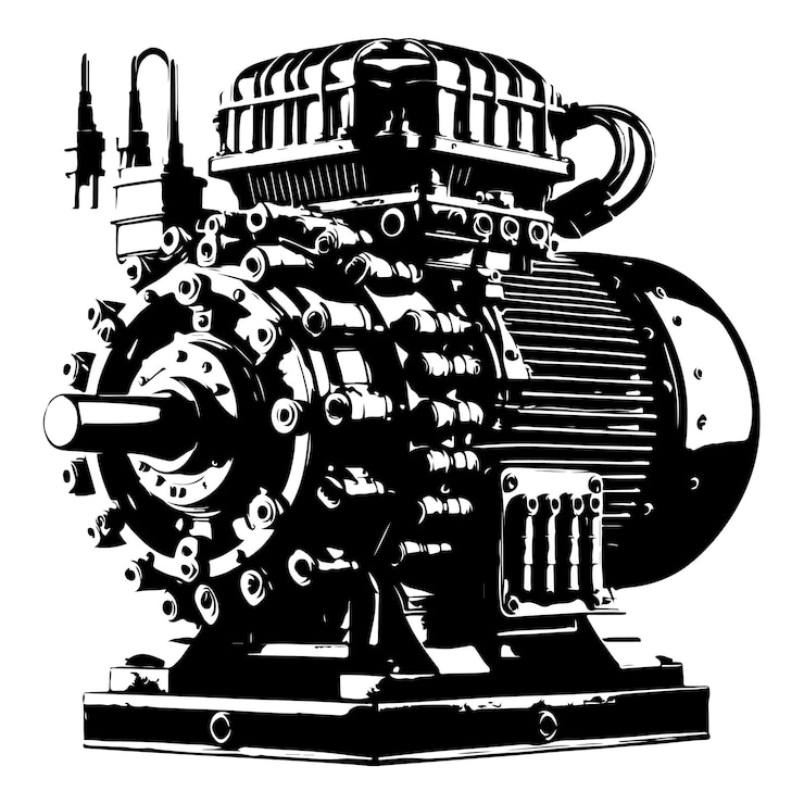 Vector powerful electric motor with reducer silhouette white background black and white
