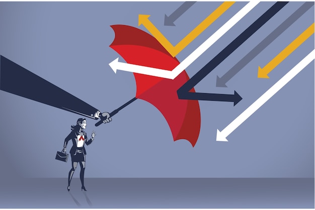 Vector powerful hand protect business woman from attacking arrow with umbrella blue collar conceptual illustration