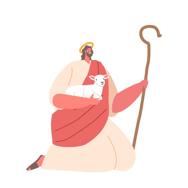 Vettore immagine potente del personaggio di gesù come il pastore che tiene teneramente le pecore e il personale nelle sue mani del fumetto