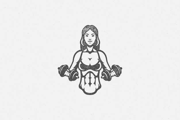Vector powerful sportswoman exercising with dumbbells logo