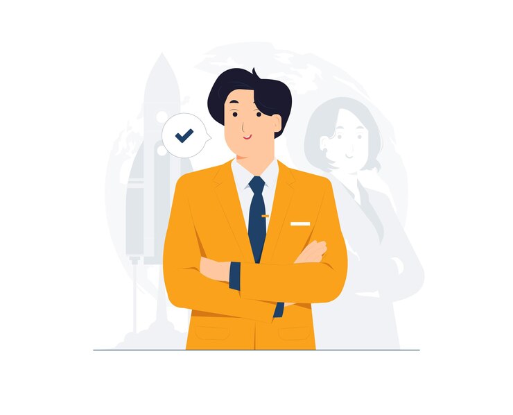 Vector 강력한 성공한 젊은 사업가 팔을  ⁇ 고 서 높은 자존감 자신감 자랑스러운 개념 일러스트레이션으로 자신을 손가락으로 가리키고
