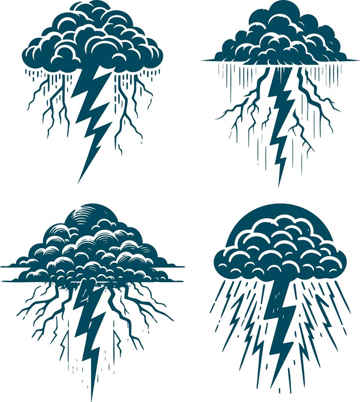 Powerful thundercloud with lightning in vector stencil
