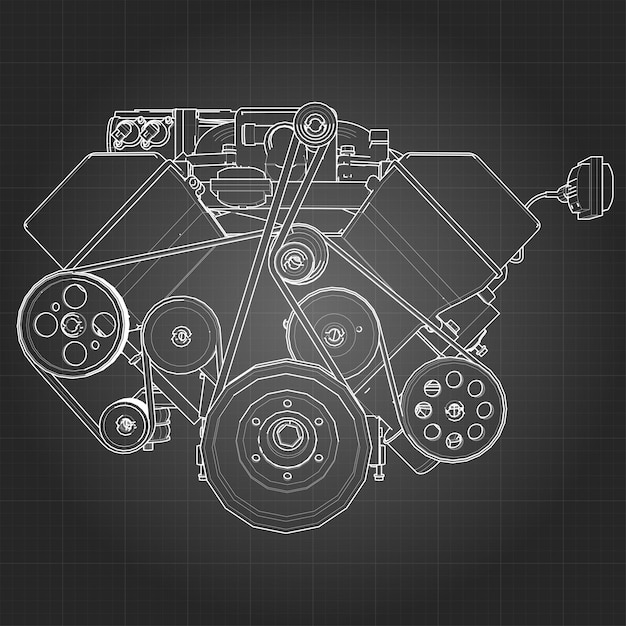 Vector powerful v8 car engine. the engine is drawn with white lines on a black sheet in a cage.