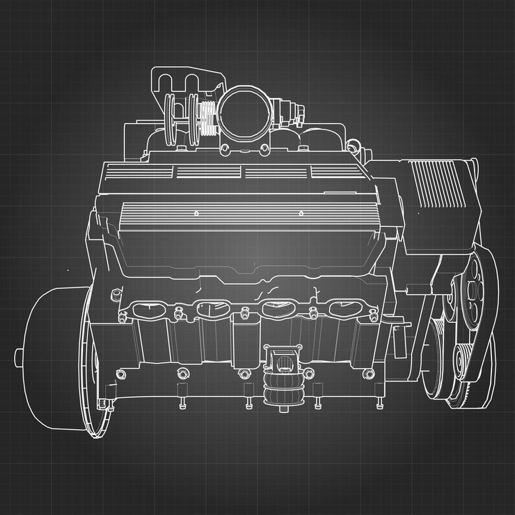Vector powerful v8 car engine the engine is drawn with white lines on a black sheet in a cage