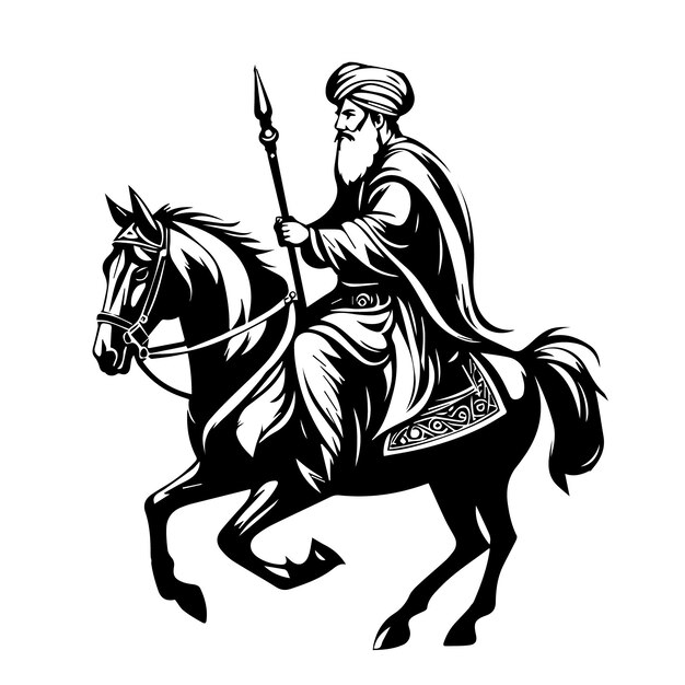 Powerful vector sufi man on horse with swordsman in simple black ink painting style