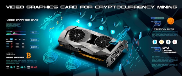 Potente scheda video per mining di criptovalute o giochi mockup realistico di scheda video in proiezione 3d illustrazione della scheda grafica concetto gpu potente scheda video su un nuovo chip cyber banner