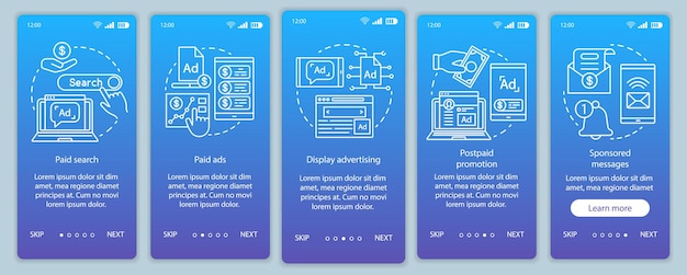 Ppc channels blue gradient onboarding mobile app page screen vector template