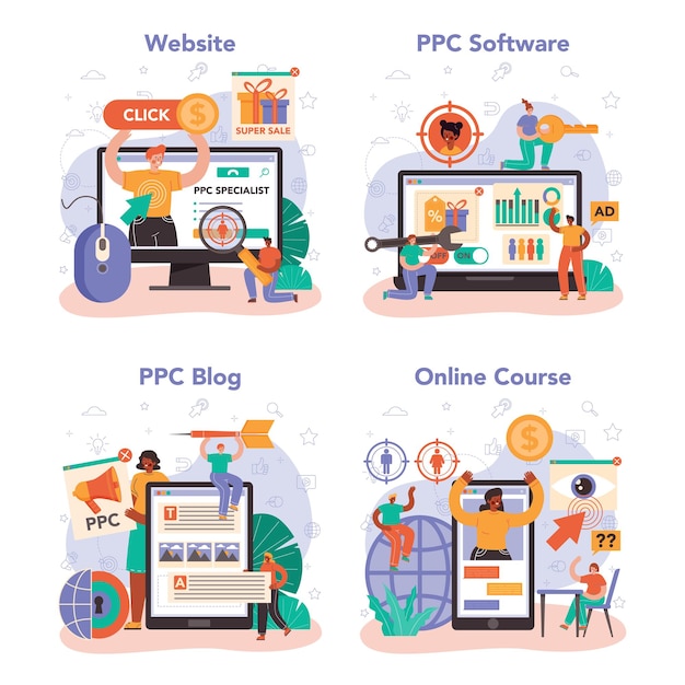 Vector ppc specialist online service or platform set. pay per click manager, contextual advertsing and targeting in the internet. online course, ppc blog and software, website. flat vector illustration