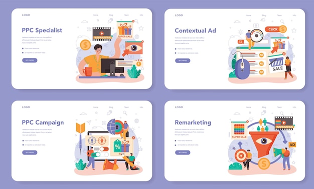 PPC specialist web banner or landing page set. Pay per click manager, contextual advertsing and targeting in the internet. Marketing strategy for business promotion. Flat vector illustration