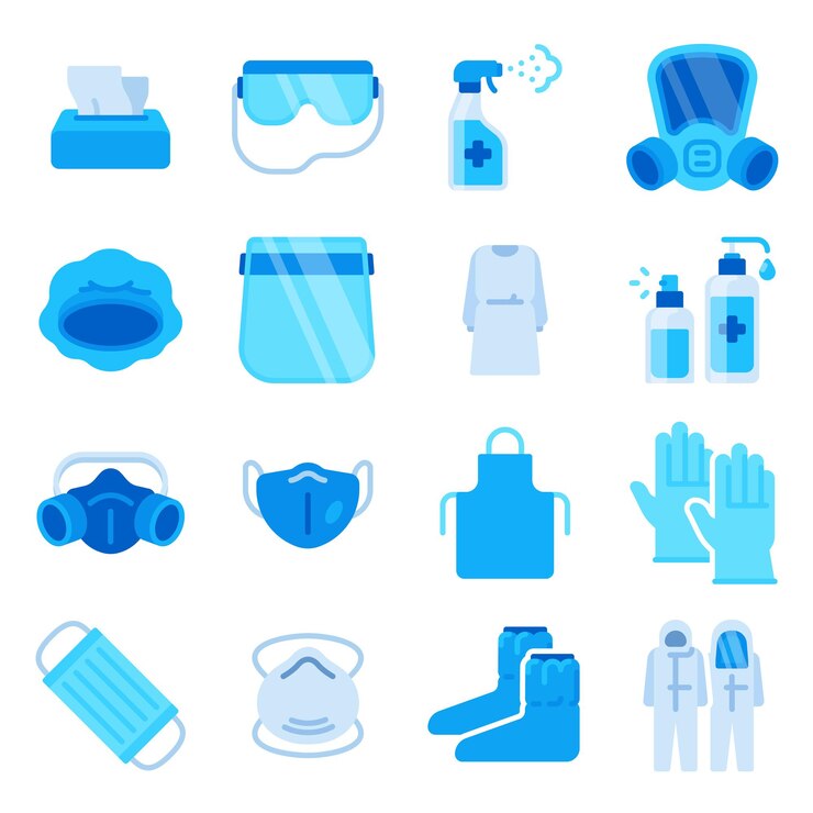 Vector ppe icons. medical mask, sanitizer spray, disinfection bottle, gloves and antibacterial wipe. covid personal protective equipment vector set. illustration disinfection and sanitizing to, care