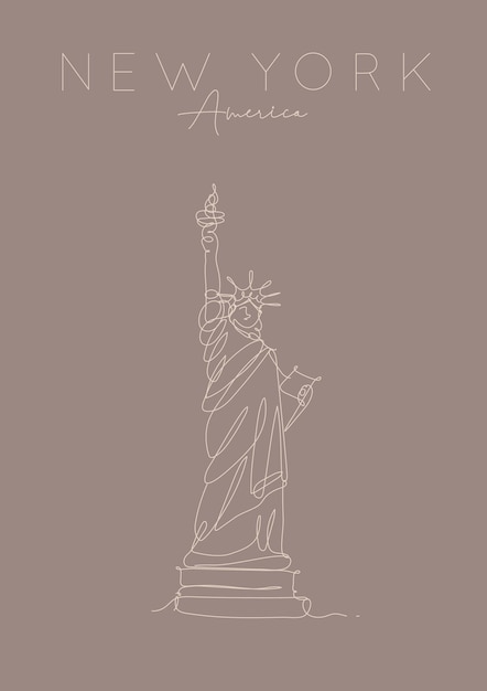 Ppposter статуя свободы с надписью нью-йорк, америка рисунок в стиле линии пера на коричневом фоне